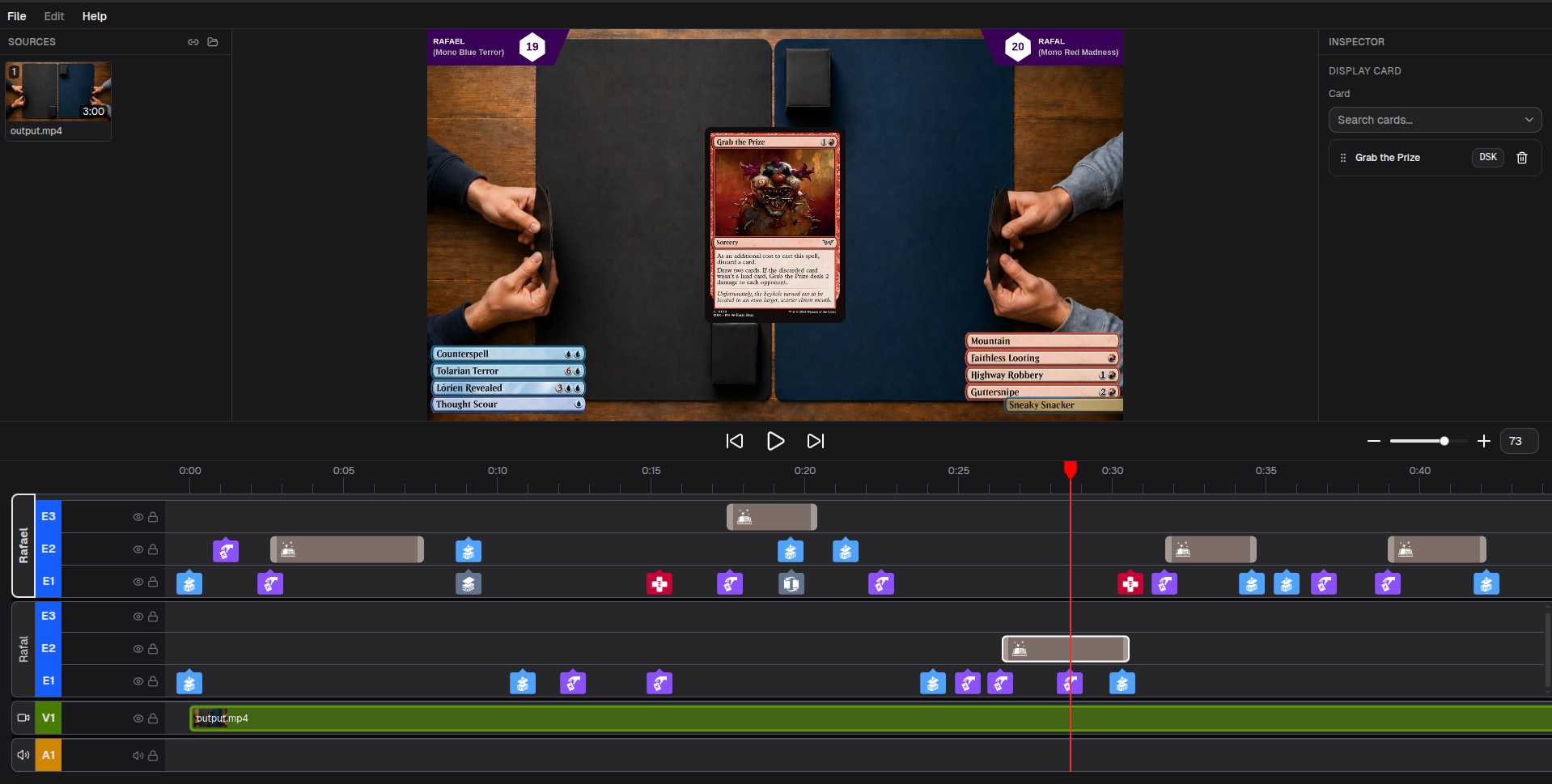 Spellsplice editor showing a Magic: The Gathering match with card overlays, player state boxes, and a synchronized event timeline