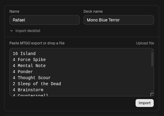 Decklist import interface