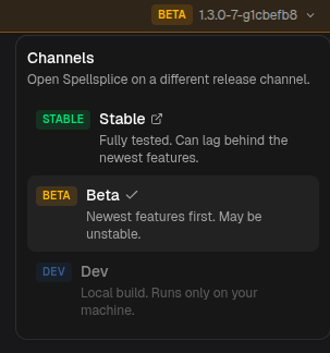 The channel menu open in the app’s top bar, listing Stable, Beta, and Dev