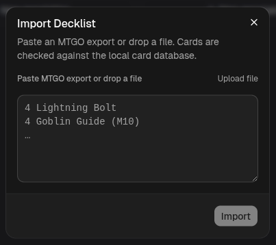 The import decklist dialog
