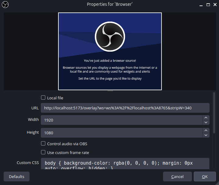 The Browser Source properties: URL, width, height