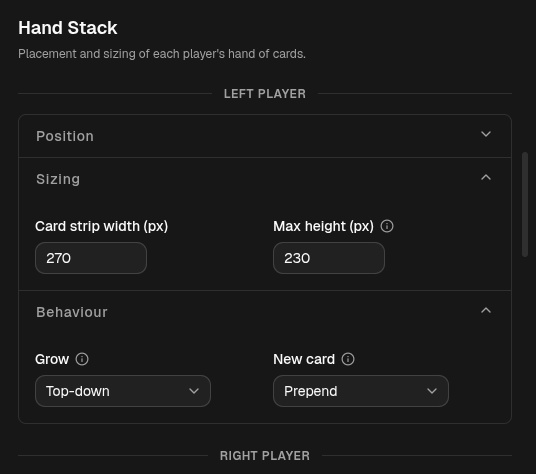 Hand Stack configuration section