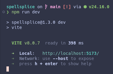 The Vite dev server running in a terminal, showing the local URL